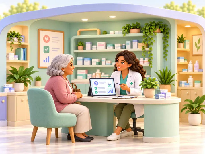 Illustration : à la table de l’espace de confidentialité, une pharmacienne mène un entretien avec une patiente, une tablette entre elles.