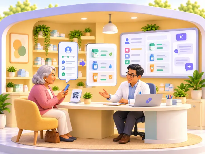 Illustration : au comptoir, une patiente répond sur son téléphone après avoir scanné un QR code, et le pharmacien lui présente des conseils associés adaptés.