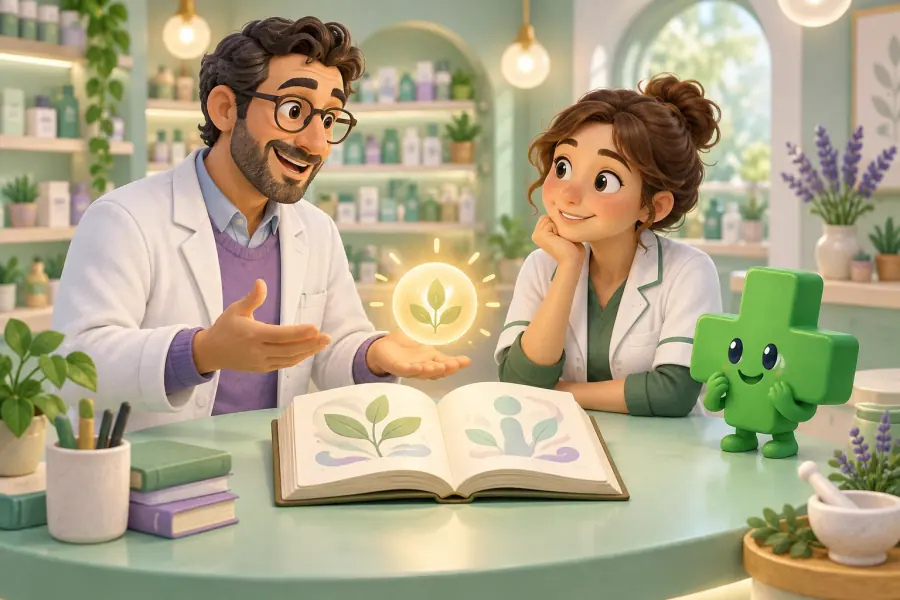Illustration : un pharmacien explique un sujet à une collègue devant un livre ouvert, avec la mascotte Quiz.Coach.