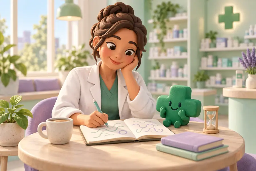 Illustration : une pharmacienne prend des notes à une table, un café à côté d’elle, avec la mascotte Quiz.Coach.