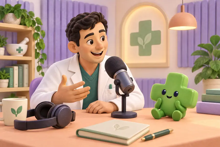 Illustration : un pharmacien parle au micro d’un podcast, à côté de la mascotte Quiz.Coach.