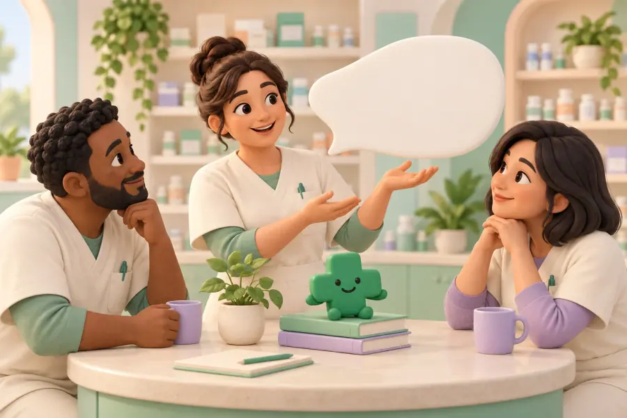 Illustration : trois membres d’une équipe officinale échangent autour d’une table, avec la mascotte Quiz.Coach.